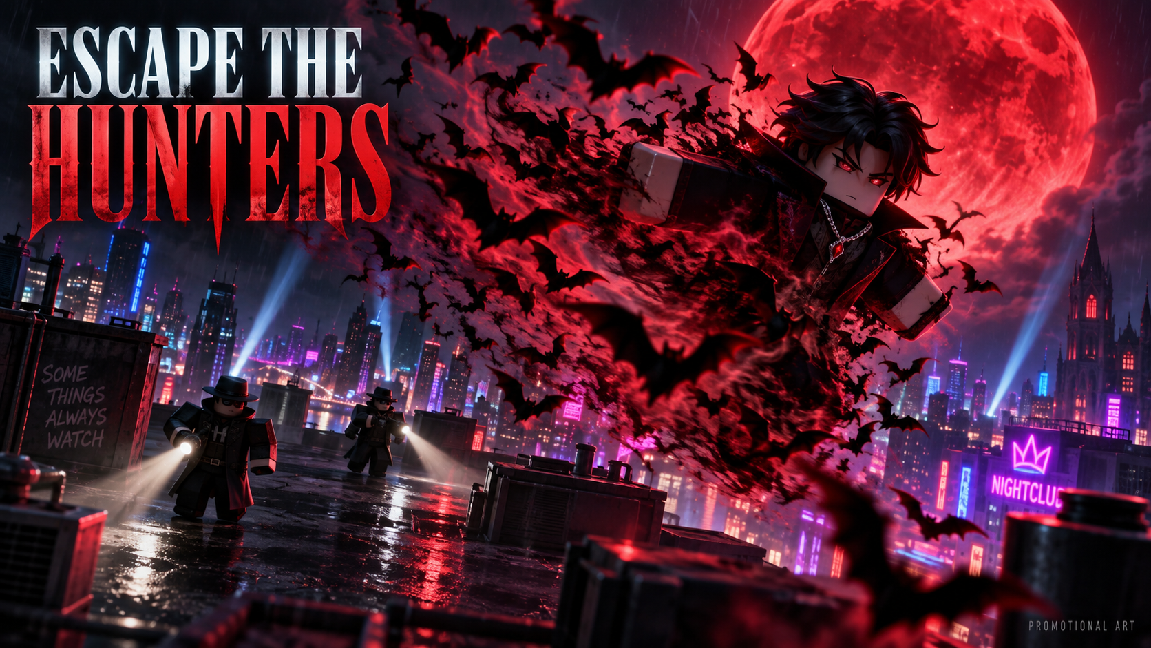 City Vampires promotional art: a vampire escapes rooftop hunters in a supernatural swarm of bats