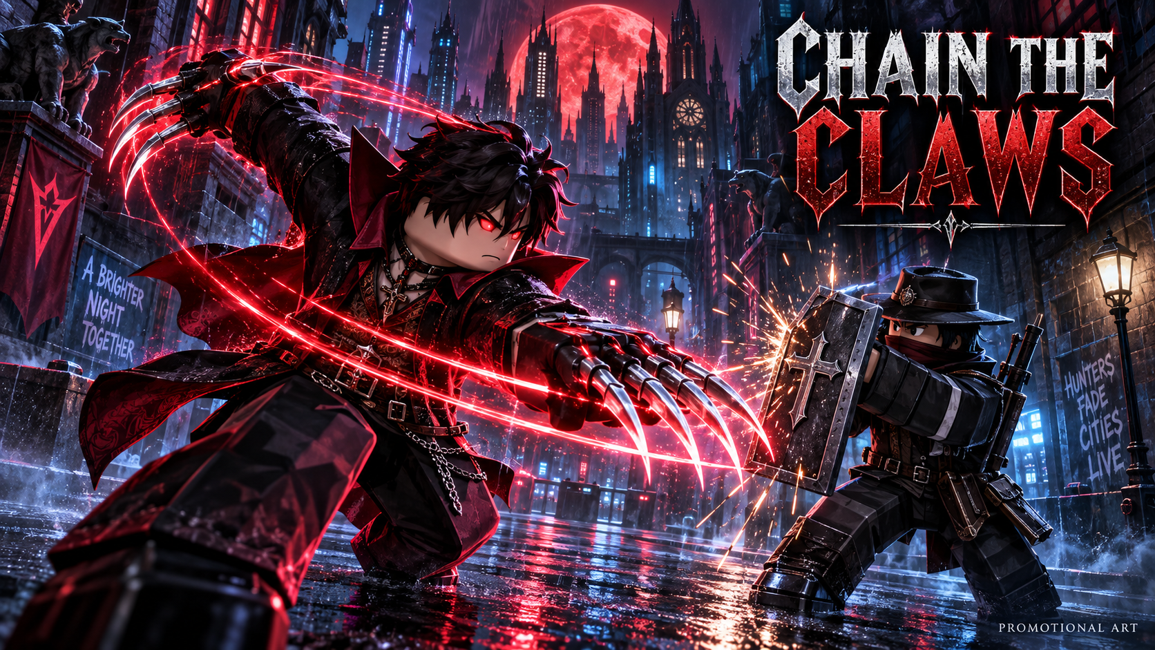 City Vampires promotional art: a vampire chains claw attacks against a defending hunter in a neon city