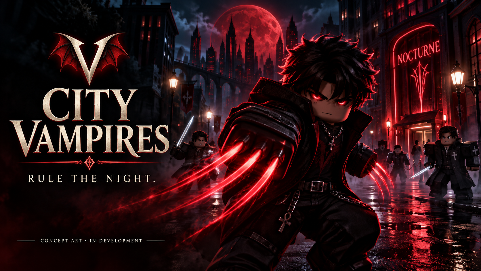 City Vampires concept art: a vampire faces silver-sword hunters outside Nocturne
