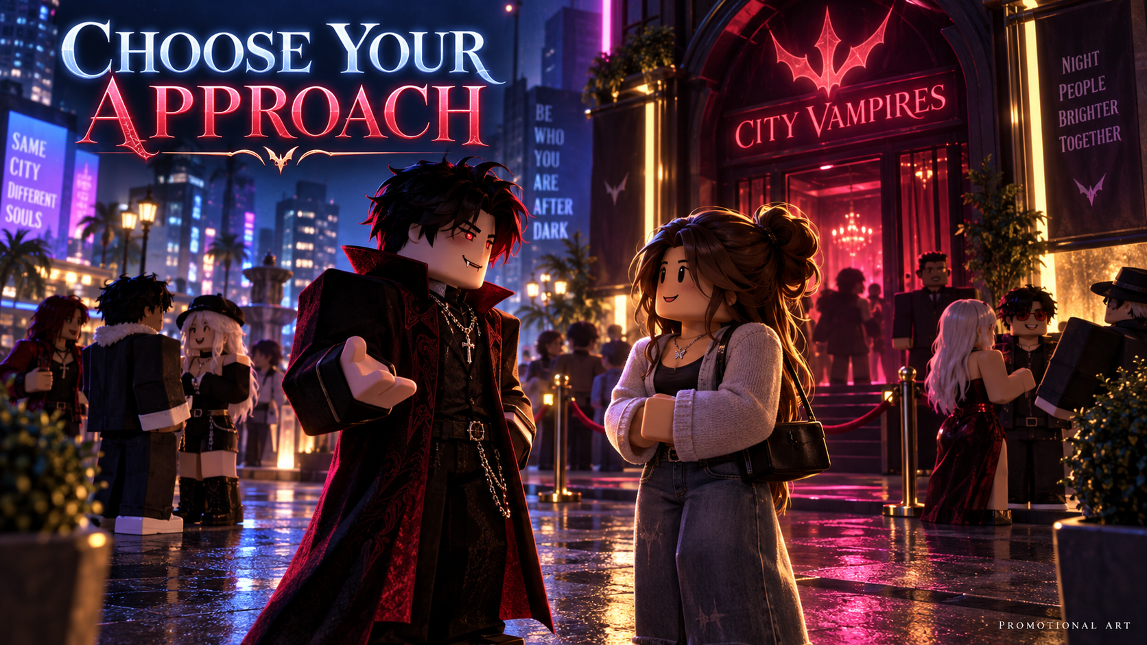 City Vampires promotional art: a vampire chooses an approach while speaking with a civilian outside a neon club