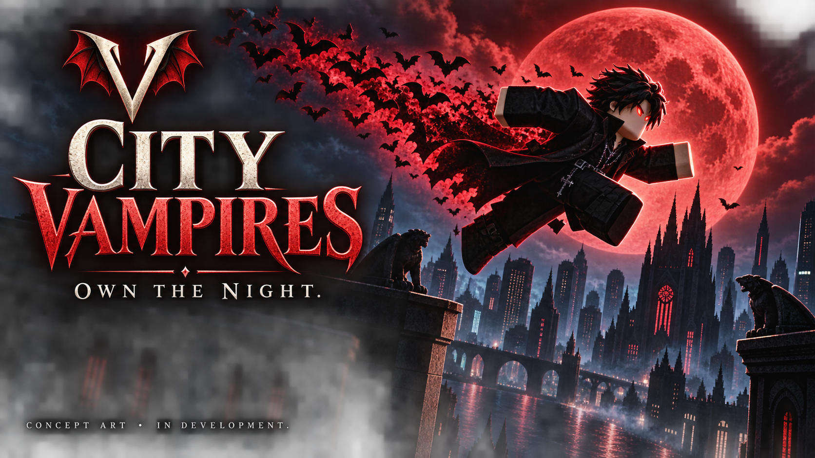 City Vampires concept art: a vampire leaps across rooftops with a trail of bats