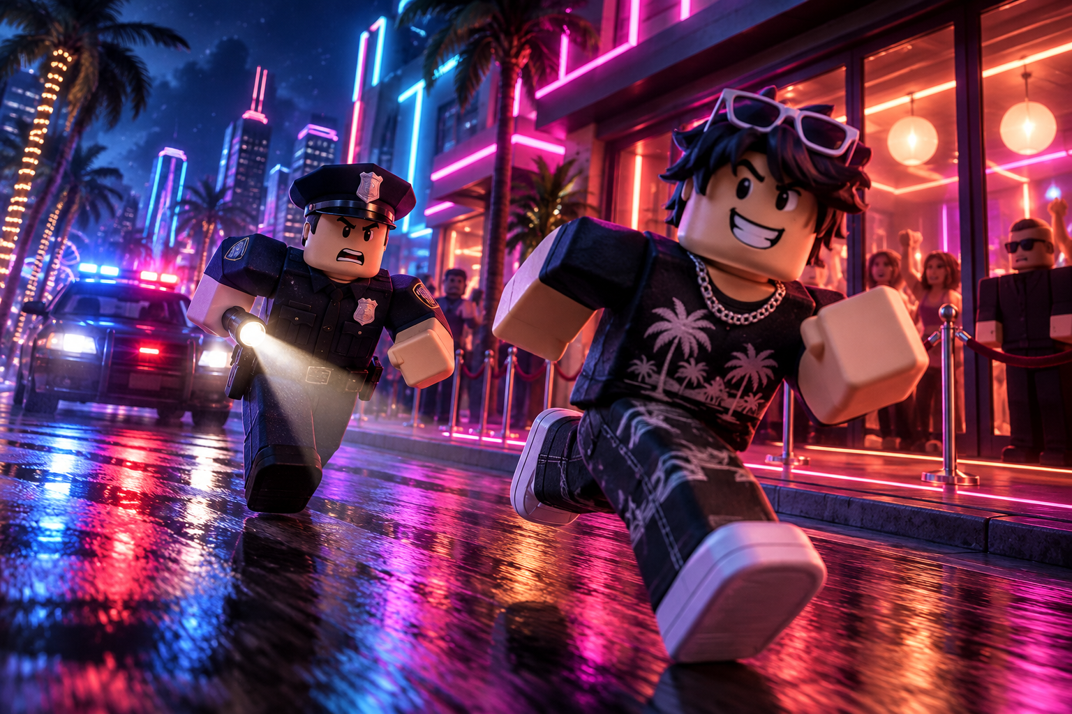 Party Cop Buster concept artwork of an officer pursuing a partygoer through a neon nightlife street