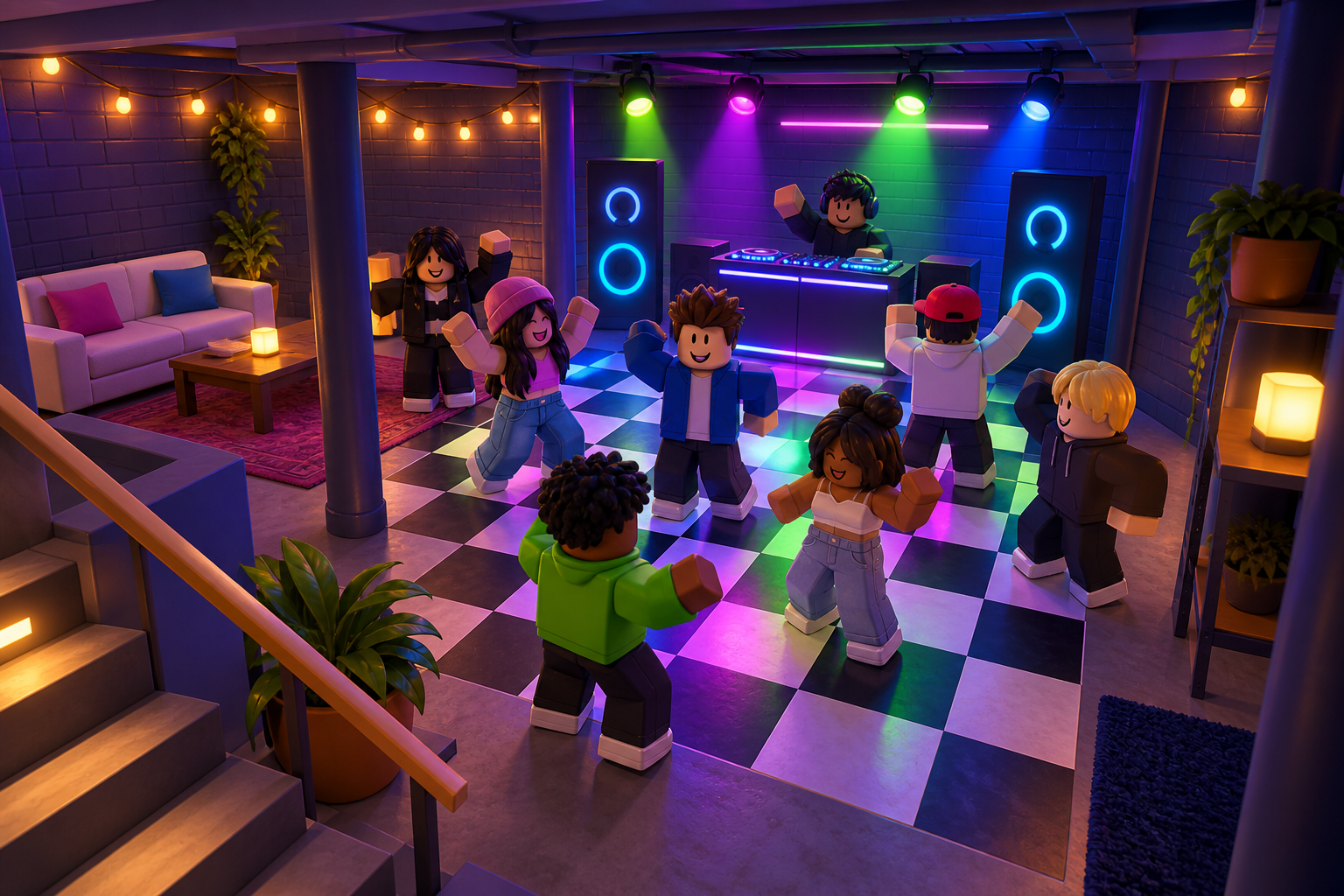 Concept art for the starter venue with speakers and a colorful dance floor